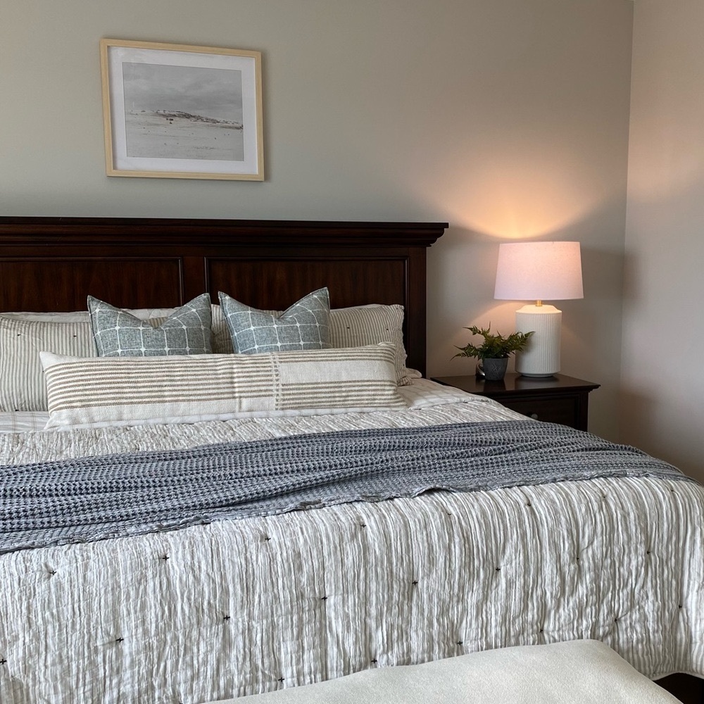TWO Muted Green & Cream Plaid Striped Pillow Covers